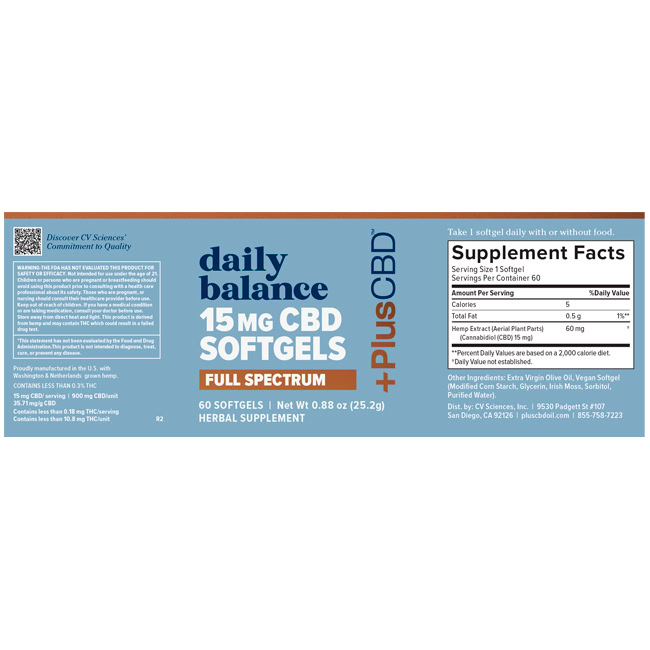 PlusCBD, Daily Balance 15mg CBD Softgels, Full Spectrum, 60ct, 900mg CBD